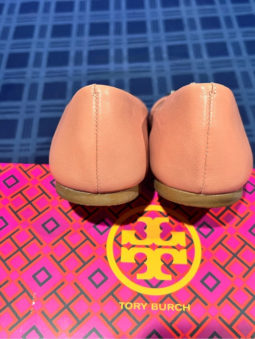 Tory Burch Benton 2 Coral Pink Tramonto Nappa Leather Logo Ballet Flats